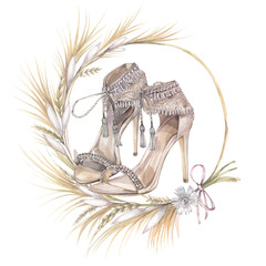Fancy wedding shoes in boho style inside a wreath. Hand drawn watercolor illustration.