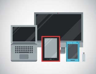 Computer devices and connected mobile communication high tech multimedia vector illustration. Transmission information on various data storage and cloud computing service computer devices.