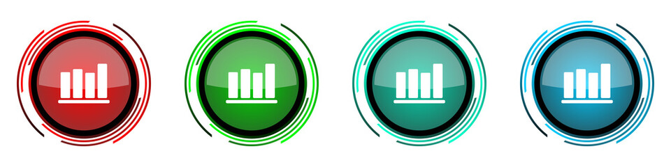 Bar chart round glossy vector icons, set of buttons for webdesign, internet and mobile phone applications in four colors options isolated on white background.