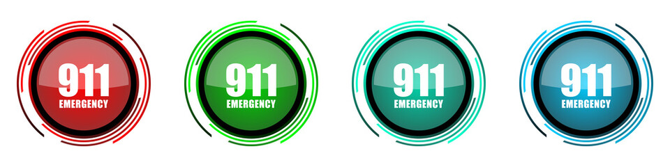Number emergency 911 round glossy vector icons, set of buttons for webdesign, internet and mobile phone applications in four colors options isolated on white background