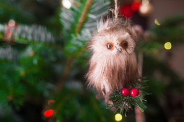 Owl Christmas ornament. Beautiful close up of a small owl looking at the camera and hanged on a Christmas tree. Looks like a stuffed animal. Very cute.