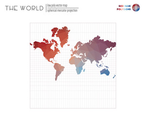 Polygonal map of the world. Spherical Mercator projection of the world. Red Blue colored polygons. Amazing vector illustration.