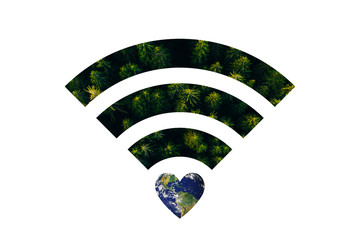 Double exposure image of Earth and WiFi signal sign. Elements of this image are furnished by NASA.
