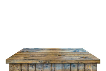 Vintage style rustic massive wooden plank. Empty wood table isolated on white background for putting products.