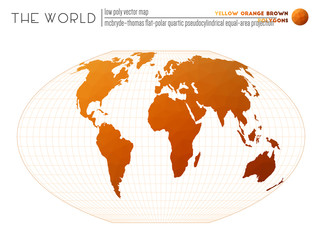 Polygonal world map. McBryde-Thomas flat-polar quartic pseudocylindrical equal-area projection of the world. Yellow Orange Brown colored polygons. Trending vector illustration.