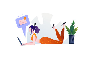 Hand drawn vector abstract cartoon modern graphic illustrations art with girl and laptop isolated on white background