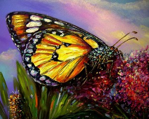 Art Oil painting color The butterfly Thailand , Stamen  flowers
