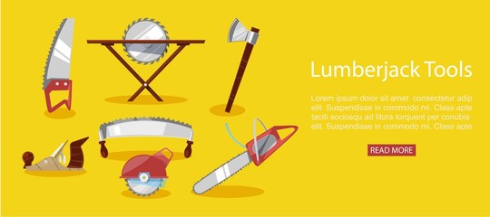 Timber industry vector illustration of lumberjack tools, chainsaw and axe, petrol chain saw web banner. Professional lumberjack instrument, working tool.