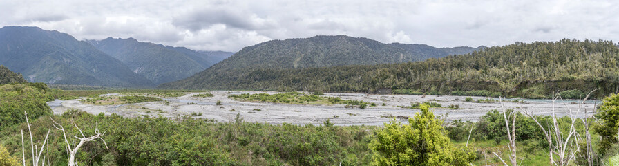 Fototapeta na wymiar river Waitangataona in green countryside near Whataroa, West Coast, New Zealand