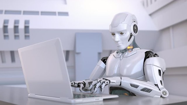 Robot using laptop studying online or working distantly. 3D animation