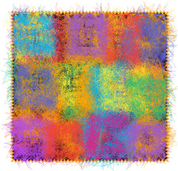 Fluffy mat with rainbow grunge striped, stained, quilt pattern and fringe isolated