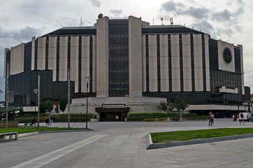 Facade of National Palace of Culture architectural landmark, largest multifunctional congress, conference, convention and exhibition centre in Sofia, Bulgaria  