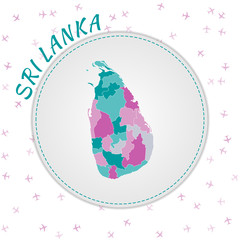 Sri Lanka map design. Map of the country with regions in emerald-amethyst color palette. Rounded travel to Sri Lanka poster with country name and airplanes background. Classy vector illustration.