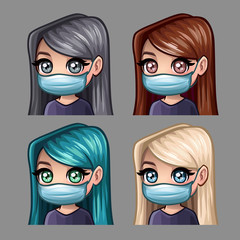 Emotion icons women with long hair in medical mask for social networks and stickers. Vector illustration