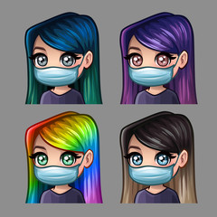 Emotion icons women with long hair in medical mask for social networks and stickers. Vector illustration