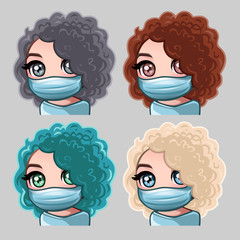 Emotion icons curly women in medical mask for social networks and stickers. Vector illustration