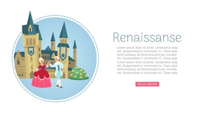 Renaissance clothing woman man character in wigs and medieval dress historical clothes and castle web banner vector illustration. Couple in medieval cloths dancing.