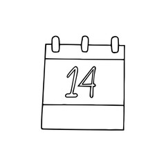 Calendar page with the number 14. Hand drawn in doodle style. simple scandinavian liner. valentines day, planning, business, date. single element for design icon, sticker