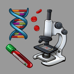 Microscope and blood icons with dna. Vector illustration