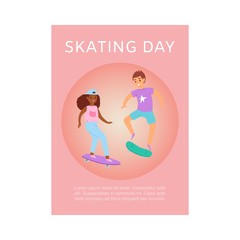 Scating day poster with teenager boy and girl skating on skateboard pink vector illustration. Skateboarding for different nationalities teenagers background.