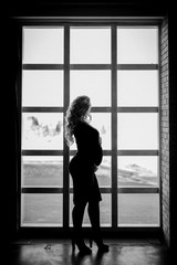 Fototapeta na wymiar pregnant girl in a slinky dress in a large window