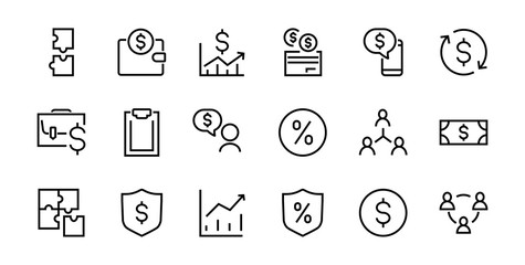 Set of business vector line icons. It contains user symbols, dollar pictograms, gears briefcase, puzzles, envelope, percentage, messages, schedule, and more. Editable Bar 460x460 pixels.