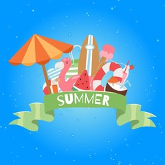 Summer beach banner with umbrella, cocos and icecream, swimming flamingo, surfboard and holiday elements vector illustration. Vacation on sea summer beach poster.