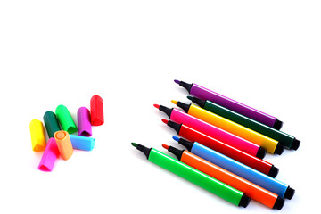 A set of colored markers. All colors of the rainbow. Office and school supplies.