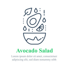 Delicious avocado salad, simple recipe, eat healthy food, full bowl, falling ingredients, nutritious diet