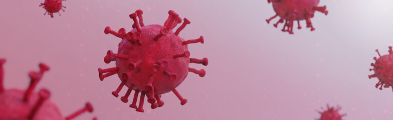 Corona viruses cells with red and purple color on pink white wall background. Left side of picture. Kill asian flu outbreak and coronaviruses influenza as dangerous flu strain cases as a pandemic.