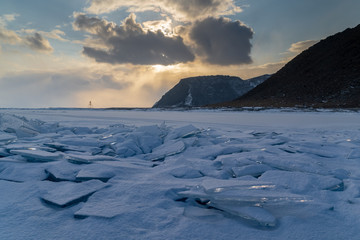 Beautiful sunset on winter Baikal