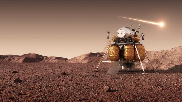 Descent Module Of Interplanetary Space Station On Surface Of Planet Mars And Russian Flag. 4K. 3840x2160. 3D Animation.