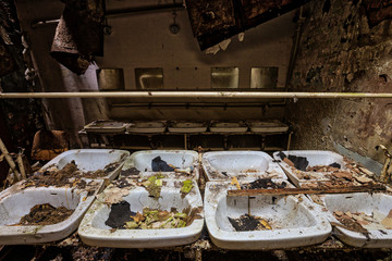 maroder Waschraum viele Waschbecken