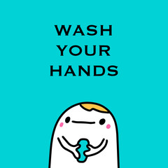 Wash your hands vector illustration in cartoon comic style man holding peace of soap hygiene while infection coronavirus covid-19 print poster card