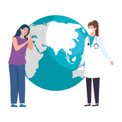 doctor female with woman coughing sick vector illustration design