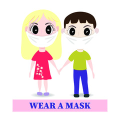 Boy and girl in medical mask graphic design vector illustration. Coronavirus concept wear a mask.