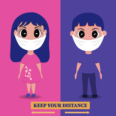 Boy and girl in medical mask graphic design vector illustration. Coronavirus concept keep your distance.