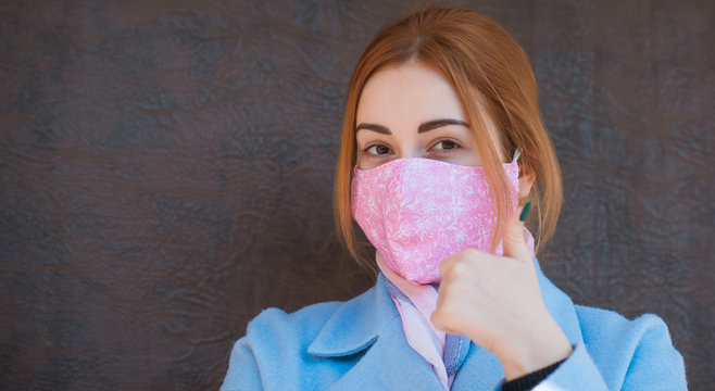 Stop Virus ! Woman In Textile Homemade Cotton Mask  