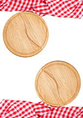 Empty wooden plate set top view tablecloth, set of empty cutting desk isolated on white background, food mock up concept, empty wooden desk mockup