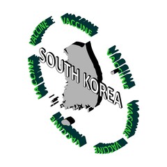 The concept of protecting the country's population from coronavirus, a vaccine against coronavirus, covid-19. Vector isometric map of South Korea surrounded by the word vaccine. Vaccine saves