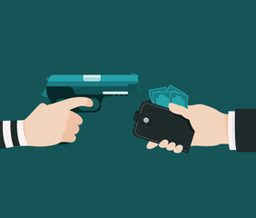 The thief is using a gun to threaten the businessman to rob all of the businessmen he has. Illustration about stealth. - obrazy, fototapety, plakaty