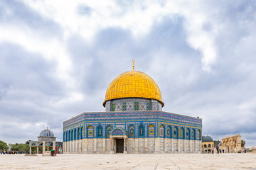 The Dome of the Chain and the Dome of the Rock mosque on the Temple Mount in the Old Town of Jerusalem in Israel