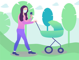 young mother in the mask is walking with baby in pram and looking in a smartphone. Novel coronavirus
