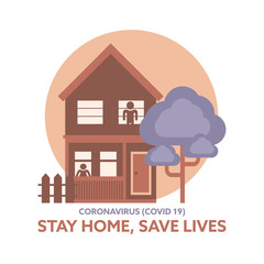 Text: STAY HOME, SAVE LIVES. Concept of staying home during coronavirus outbreak. Flat style illustration. 