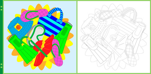 Summer objects. Vector illustration for antistress coloring book for children and adults. Page with a black and white contour version and with a color pattern