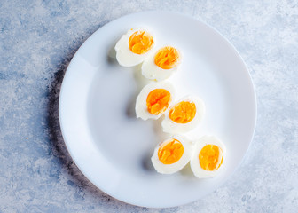 boiled eggs on a white plate top view
