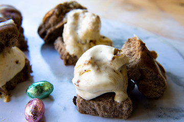 Hot cross buns ice cream bun sandwiches with easter eggs