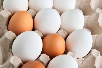 Brown and white chicken eggs in cardboard egg tray. Organic egg for healthy protein breakfast. Easter symbol. Raw chicken eggs.