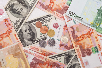currency paper, banking and finance, saving money. Dollars, euros and rubles. Falling and rising exchange rate