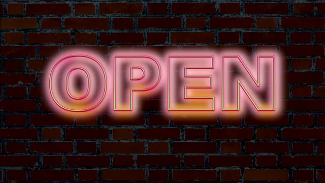 Illuminated Blinking neon Open text in pink color, Animated On A Black Background,seamless